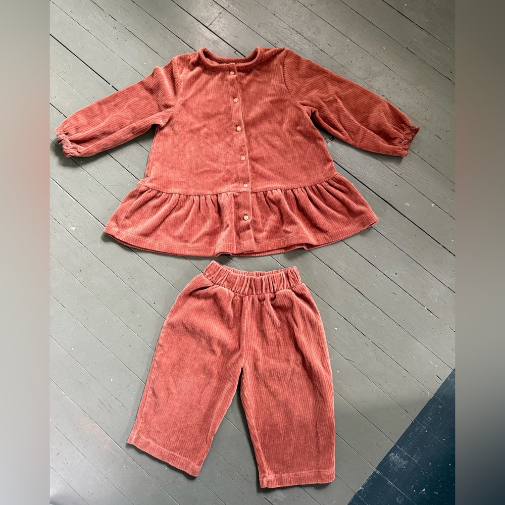 Organic Zoo Rust Corduroy Button-Up Top and Pants Set- size 3/4y